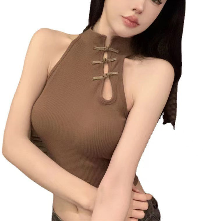 Womens Solid-Color Retro Chinese-Style Camisole