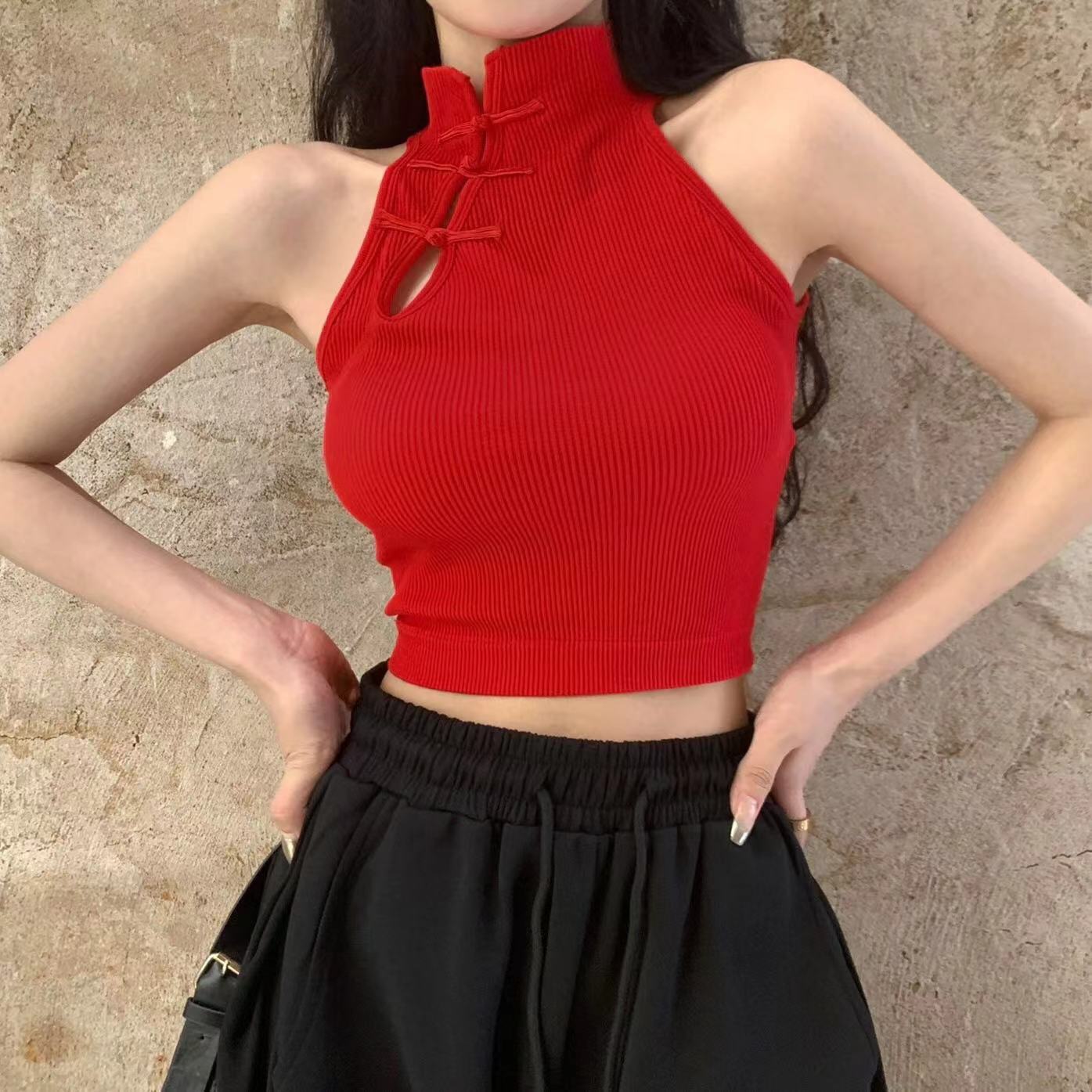 Womens Solid-Color Retro Chinese-Style Camisole