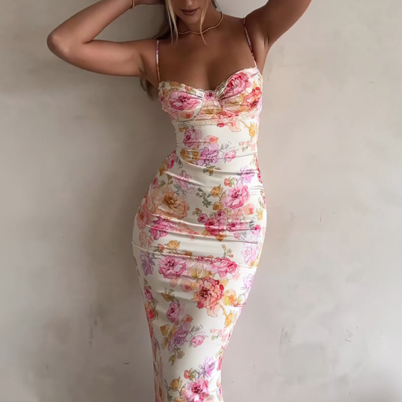 Women's Floral Bodycon Maxi Dress - Sexy Spaghetti Strap Vacation Dress