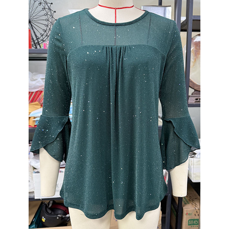 Womens Ruffle 3 4 Sleeve Sparkle Top Blouses Casual Shirts Crew Neck Glitter Night Out Tops