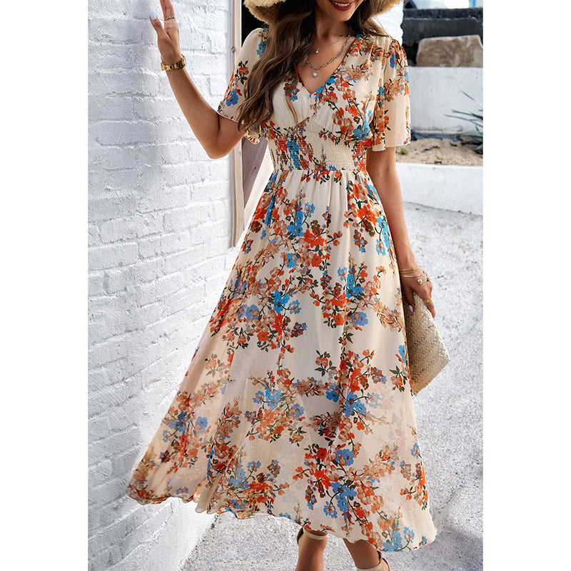 Women's Floral Puff Sleeve Midi Dress - Boho V-Neck Smocked Dress