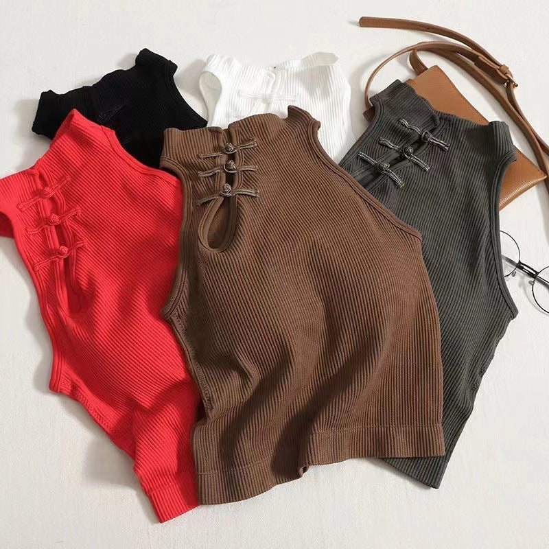 Womens Solid-Color Retro Chinese-Style Camisole